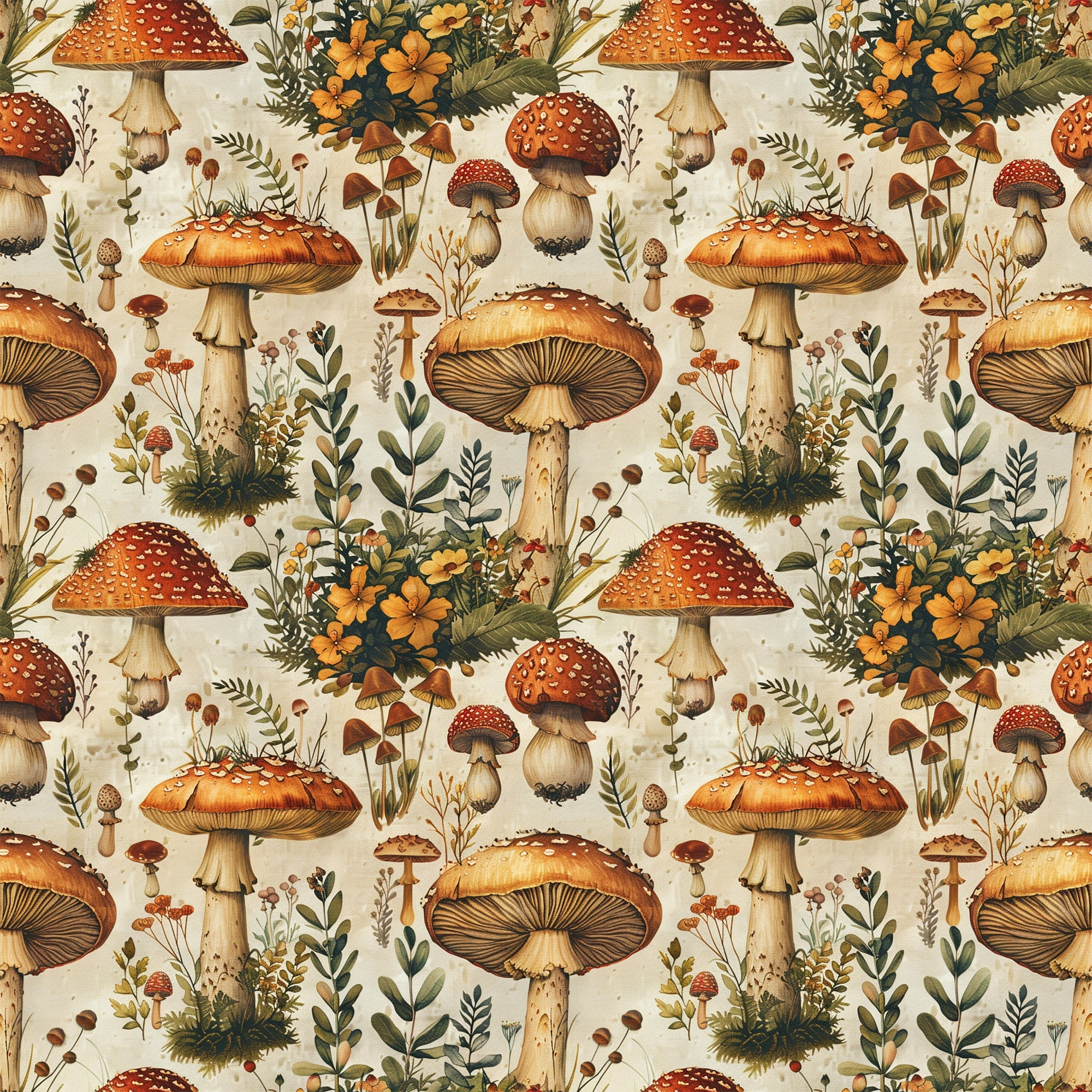 retro mushrooms, botanical pattern,, fabric panel, autumn colors, orange mushrooms, red toadstools, spotted caps, wildflowers, forest fungi, earthy tones, cream background, vintage illustration, nature motif, woodland theme, repetitive design, detailed artwork, fall palette, botanical study, mushroom varieties