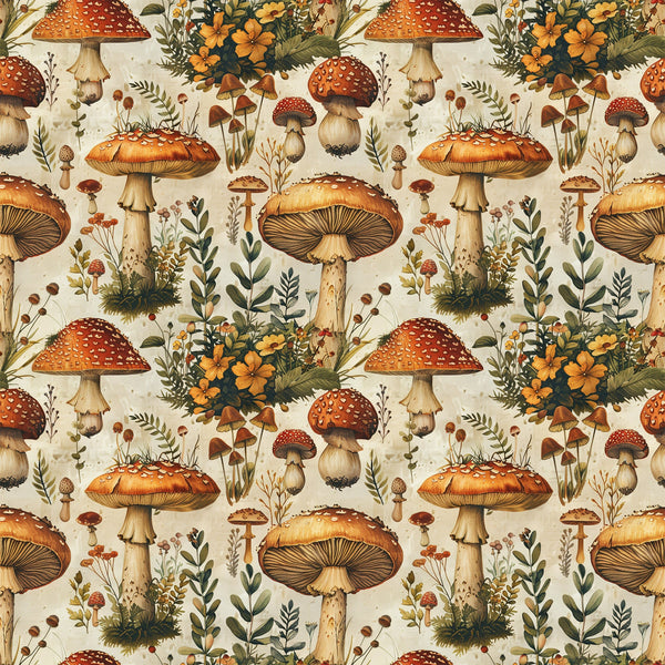 retro mushrooms, botanical pattern,, fabric panel, autumn colors, orange mushrooms, red toadstools, spotted caps, wildflowers, forest fungi, earthy tones, cream background, vintage illustration, nature motif, woodland theme, repetitive design, detailed artwork, fall palette, botanical study, mushroom varieties