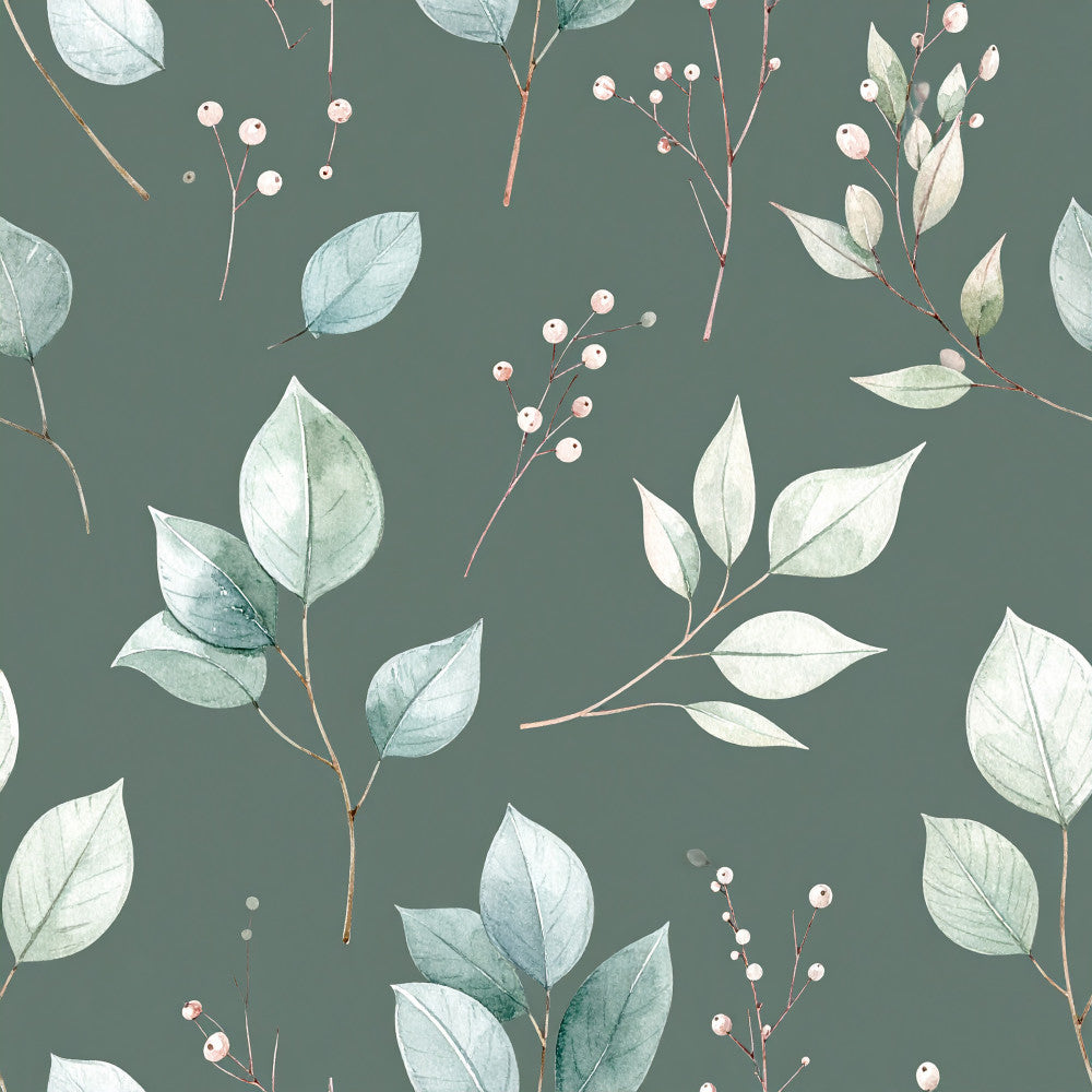 sage green, muted green, dusty blue, soft white, cream, botanical, floral, nature, leaves, berries, branches, watercolor, delicate, elegant, modern, minimal, scandinavian, nursery, baby room, calming, peaceful, natural, spring, summer, woodland, organic, artistic, hand-painted, gentle, soft palette