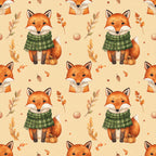 autumn fox, forest green, cream, burnt orange, rust orange, cozy animals, woodland creatures, fall foliage, plaid scarf, seasonal, autumn leaves, whimsical, playroom, kids room, nursery, nature theme, forest animals, pumpkin, cute fox, baby shower, children's apparel, rustic, warm tones, earth tones, fall colors, autumn theme, adorable animals, storybook style, children's décor