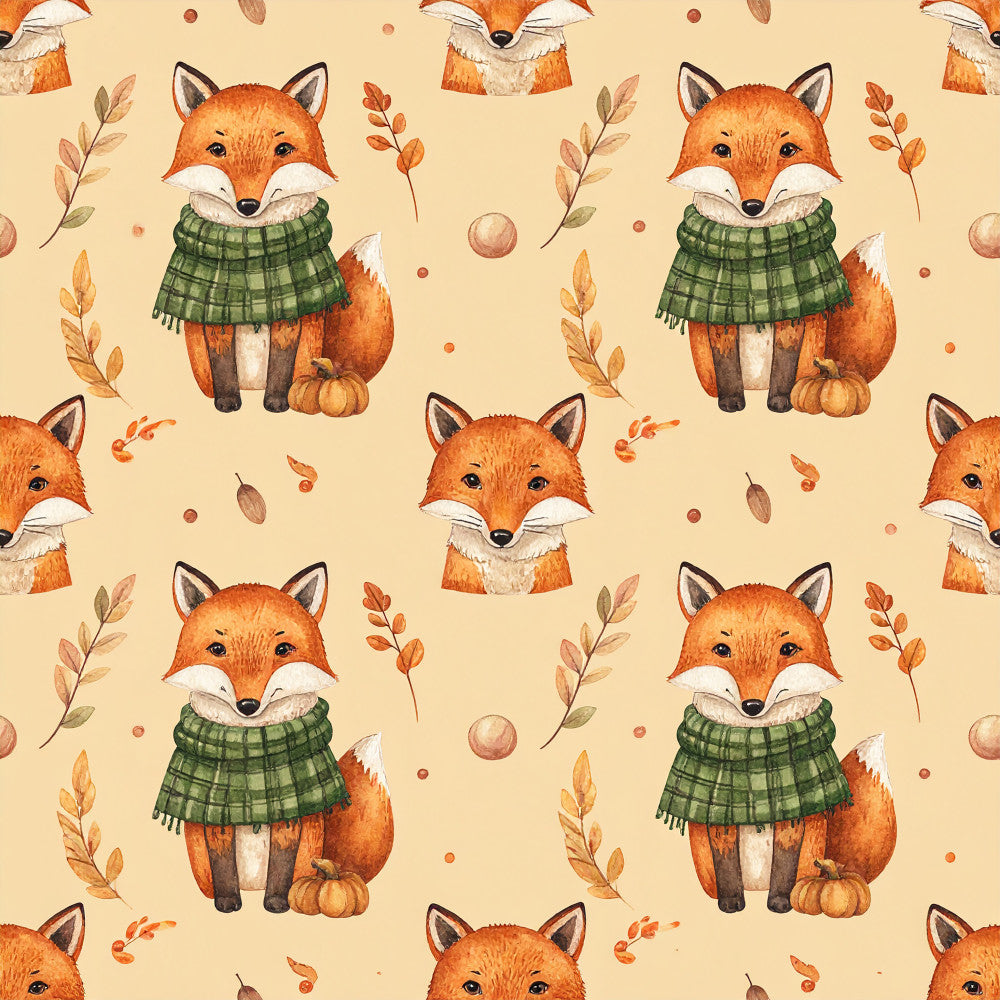 autumn fox, forest green, cream, burnt orange, rust orange, cozy animals, woodland creatures, fall foliage, plaid scarf, seasonal, autumn leaves, whimsical, playroom, kids room, nursery, nature theme, forest animals, pumpkin, cute fox, baby shower, children's apparel, rustic, warm tones, earth tones, fall colors, autumn theme, adorable animals, storybook style, children's décor