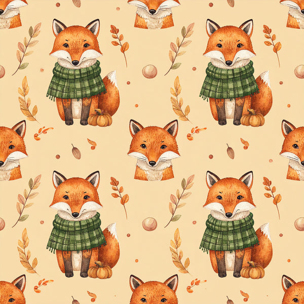 autumn fox, forest green, cream, burnt orange, rust orange, cozy animals, woodland creatures, fall foliage, plaid scarf, seasonal, autumn leaves, whimsical, playroom, kids room, nursery, nature theme, forest animals, pumpkin, cute fox, baby shower, children's apparel, rustic, warm tones, earth tones, fall colors, autumn theme, adorable animals, storybook style, children's décor