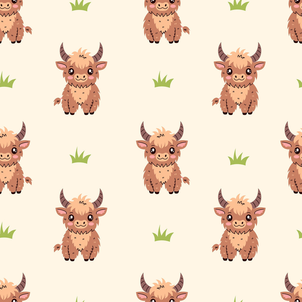 cute baby cows, highland cattle, brown fur, cream background, green grass, kawaii style, cartoon animals, horned cattle, repeating pattern,, fabric panel, adorable faces, pastoral theme, farm animals, soft colors, whimsical design, children's fabric, nursery decor, animal print, cozy aesthetic