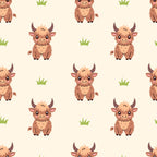 cute baby cows, highland cattle, brown fur, cream background, green grass, kawaii style, cartoon animals, horned cattle, repeating pattern,, fabric panel, adorable faces, pastoral theme, farm animals, soft colors, whimsical design, children's fabric, nursery decor, animal print, cozy aesthetic
