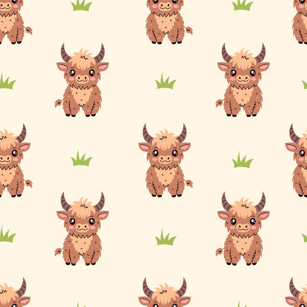 cute baby cows, highland cattle, brown fur, cream background, green grass, kawaii style, cartoon animals, horned cattle, repeating pattern,, fabric panel, adorable faces, pastoral theme, farm animals, soft colors, whimsical design, children's fabric, nursery decor, animal print, cozy aesthetic