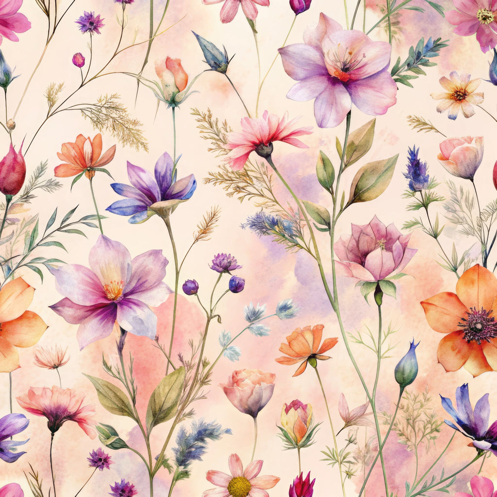 watercolor wildflowers, pastel florals, pink blooms, purple flowers, orange blossoms, botanical pattern, meadow flowers, delicate petals, whimsical design,, fabric panel, soft pastels, nature motifs, scattered blooms, ethereal mood, romantic florals, garden flowers, feminine palette, dreamy watercolors