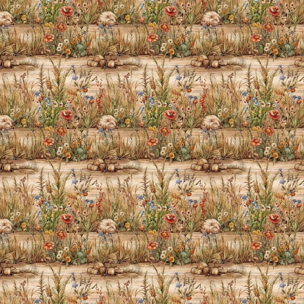 beige, tan, brown, sage green, coral red, blue accents, yellow flowers, wildflowers, meadow grass, wheat stalks, pumpkins, gourds, harvest scene, autumn elements, botanical motif, country garden, repeating pattern,, fabric panel, natural tones, rustic style, farmhouse aesthetic