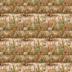 beige, tan, brown, sage green, coral red, blue accents, yellow flowers, wildflowers, meadow grass, wheat stalks, pumpkins, gourds, harvest scene, autumn elements, botanical motif, country garden, repeating pattern,, fabric panel, natural tones, rustic style, farmhouse aesthetic