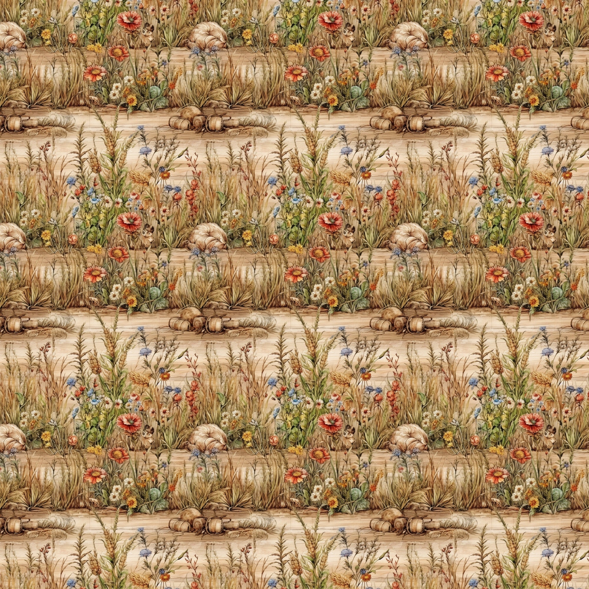 beige, tan, brown, sage green, coral red, blue accents, yellow flowers, wildflowers, meadow grass, wheat stalks, pumpkins, gourds, harvest scene, autumn elements, botanical motif, country garden, repeating pattern,, fabric panel, natural tones, rustic style, farmhouse aesthetic
