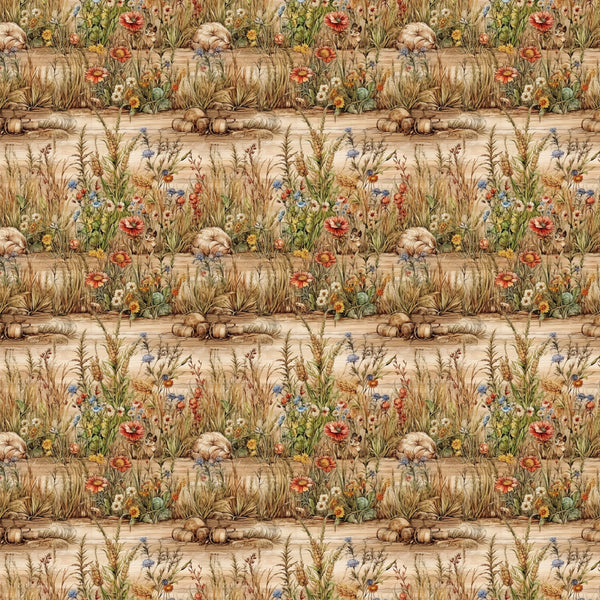 beige, tan, brown, sage green, coral red, blue accents, yellow flowers, wildflowers, meadow grass, wheat stalks, pumpkins, gourds, harvest scene, autumn elements, botanical motif, country garden, repeating pattern,, fabric panel, natural tones, rustic style, farmhouse aesthetic