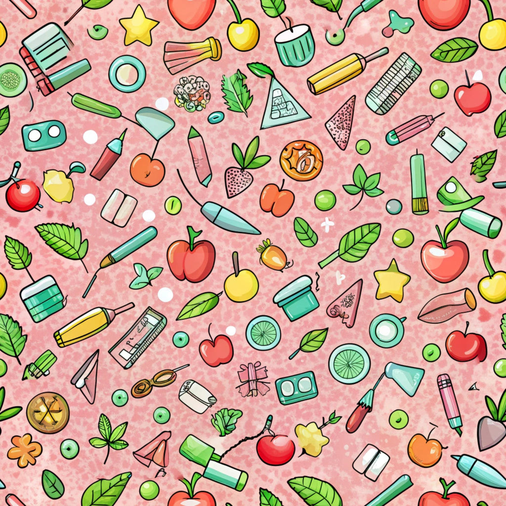 pink background, back to school, school supplies, apples, pencils, leaves, fruits, scattered pattern,, fabric panel, educational theme, colorful icons, polka dots, green foliage, red apples, yellow fruits, blue accessories, whimsical illustrations, autumn colors, teacher fabric
