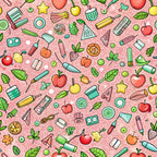 pink background, back to school, school supplies, apples, pencils, leaves, fruits, scattered pattern,, fabric panel, educational theme, colorful icons, polka dots, green foliage, red apples, yellow fruits, blue accessories, whimsical illustrations, autumn colors, teacher fabric