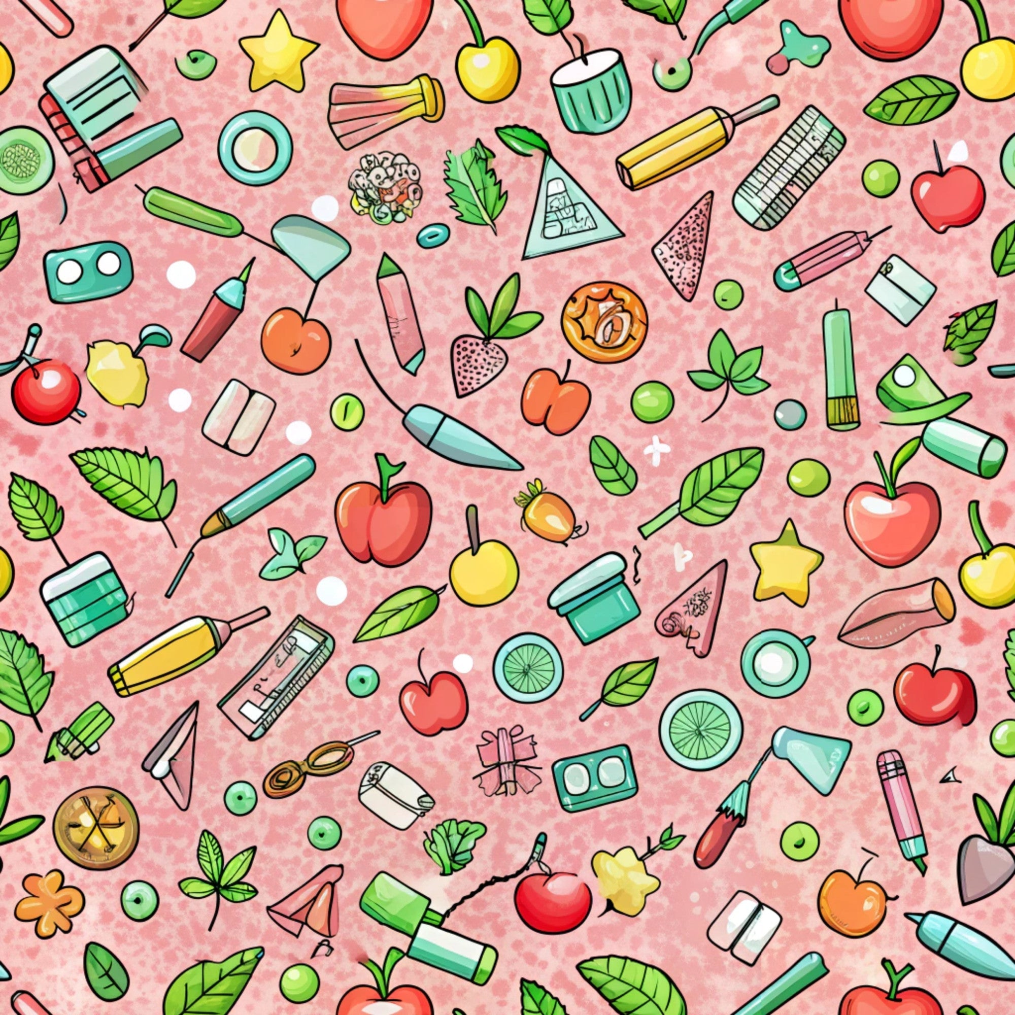pink background, back to school, school supplies, apples, pencils, leaves, fruits, scattered pattern,, fabric panel, educational theme, colorful icons, polka dots, green foliage, red apples, yellow fruits, blue accessories, whimsical illustrations, autumn colors, teacher fabric