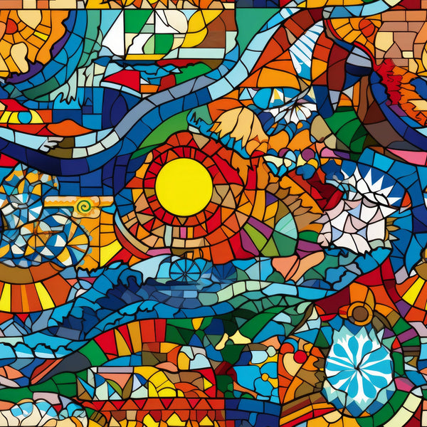 mosaic art, stained glass, vibrant colors, yellow sun, blue swirls, red geometric, orange patterns, green segments, purple accents, rainbow hues, circular motifs, abstract design, kaleidoscope effect, geometric shapes,, fabric panel, bright artwork, colorful mosaic, artistic pattern, contemporary style