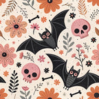 pink skulls, black bats, orange flowers, coral blooms, botanical leaves, crossbones, retro illustration, halloween motifs, autumn florals, whimsical spooky,, fabric panel, folk art style, cream background, dusty pink, charcoal black, terracotta orange, seasonal pattern, cute gothic