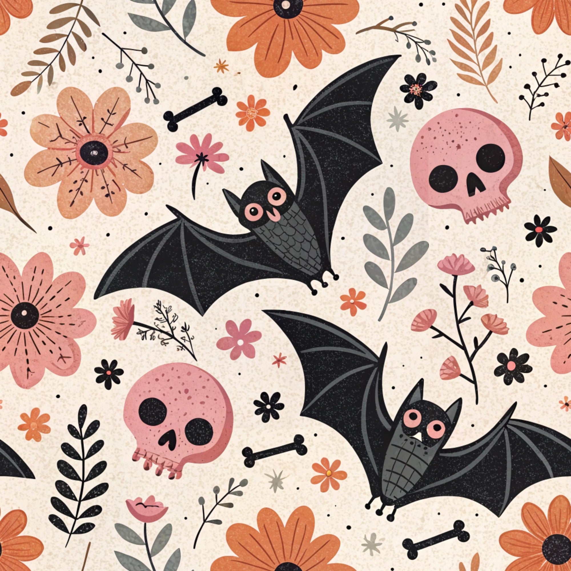 pink skulls, black bats, orange flowers, coral blooms, botanical leaves, crossbones, retro illustration, halloween motifs, autumn florals, whimsical spooky,, fabric panel, folk art style, cream background, dusty pink, charcoal black, terracotta orange, seasonal pattern, cute gothic