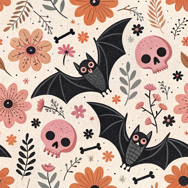 pink skulls, black bats, orange flowers, coral blooms, botanical leaves, crossbones, retro illustration, halloween motifs, autumn florals, whimsical spooky,, fabric panel, folk art style, cream background, dusty pink, charcoal black, terracotta orange, seasonal pattern, cute gothic