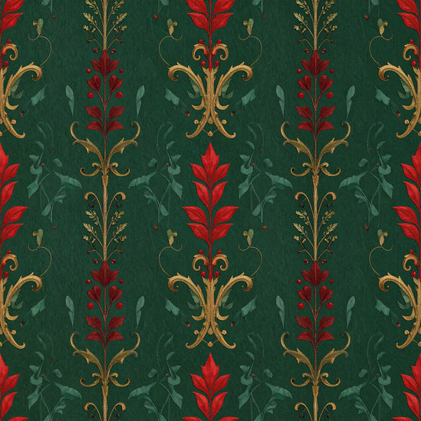 forest green, deep green, red, crimson red, gold, golden, ornate, damask, floral, vintage, elegant, traditional, baroque, scrolls, scrollwork, leaves, botanical, nature, holiday, christmas, festive, luxe, regal, ornamental, classic, timeless, upholstery style, formal, decorative