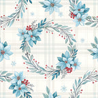 light blue flowers, dusty blue, teal, sage green, red berries, winter floral, snowflakes, poinsettia-inspired, holiday, christmas, festive, elegant, botanical, nature-themed, garden flowers, berry sprigs, wintery, seasonal, soft blue petals, traditional, whimsical, decorative foliage, delicate florals, winter celebration, romantic, gingham background, nursery decor, baby shower, kids room