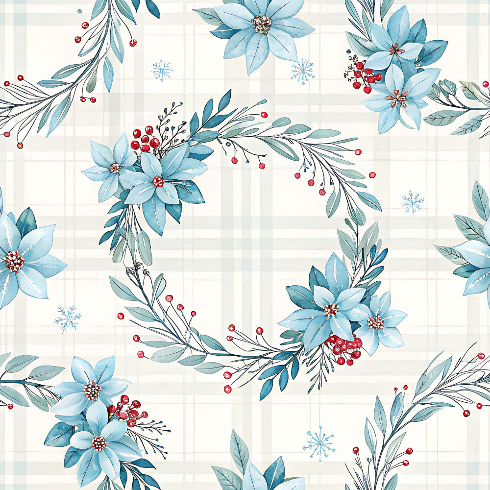 light blue flowers, dusty blue, teal, sage green, red berries, winter floral, snowflakes, poinsettia-inspired, holiday, christmas, festive, elegant, botanical, nature-themed, garden flowers, berry sprigs, wintery, seasonal, soft blue petals, traditional, whimsical, decorative foliage, delicate florals, winter celebration, romantic, gingham background, nursery decor, baby shower, kids room
