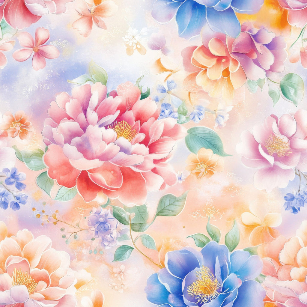 japanese floral, watercolor style, pink peonies, blue flowers, coral blooms, soft pastels, botanical design, delicate petals, green leaves, dreamy aesthetic,, fabric panel, spring florals, romantic mood, ethereal background, peachy tones, lavender hues, nature motifs, artistic florals, feminine design