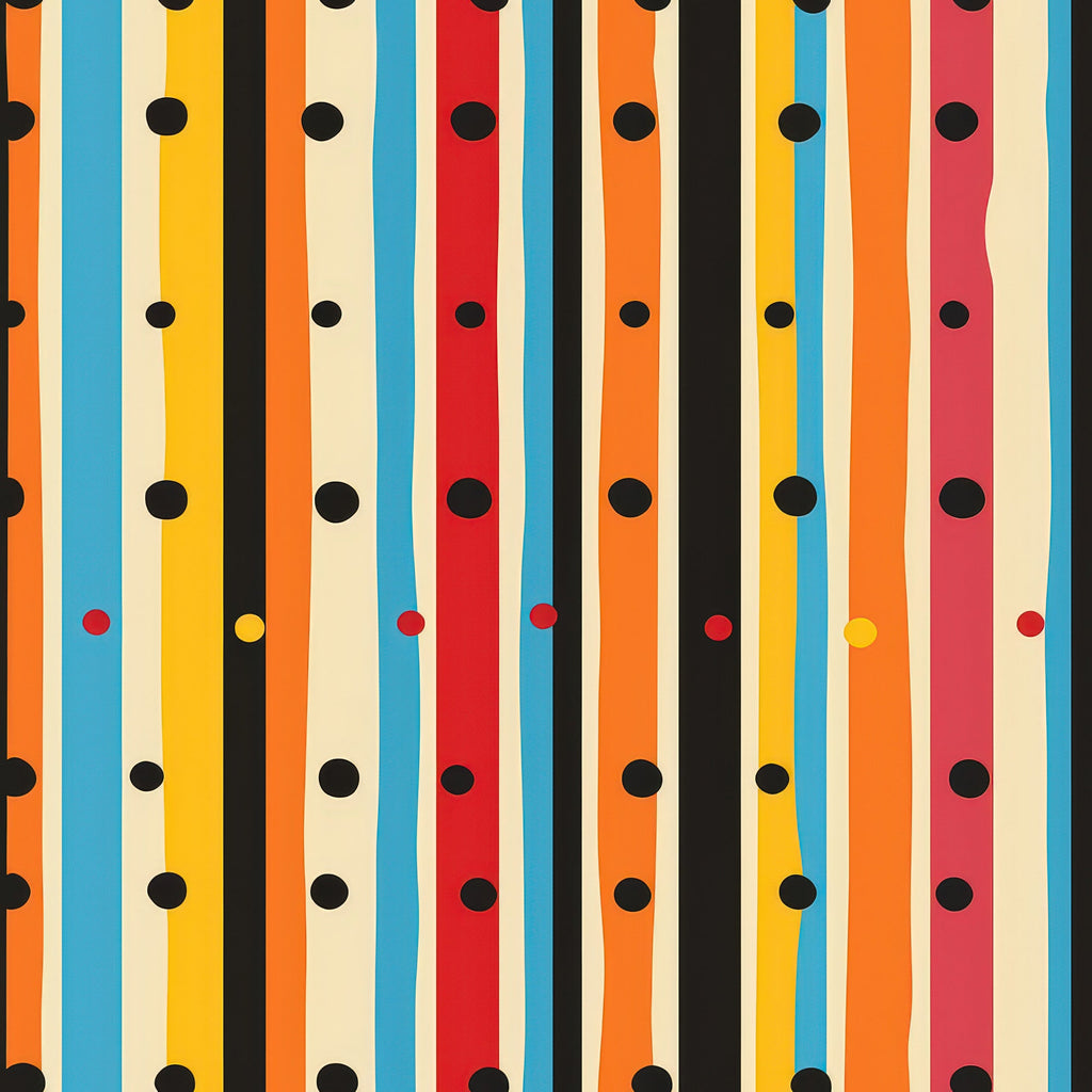 orange, blue, yellow, red, black, cream, vertical stripes, polka dots, geometric pattern, colorful design,, fabric panel, modern style, vibrant colors, retro aesthetic, playful pattern, craft fabric, sewing material, bright stripes, scattered dots