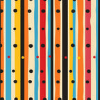 orange, blue, yellow, red, black, cream, vertical stripes, polka dots, geometric pattern, colorful design,, fabric panel, modern style, vibrant colors, retro aesthetic, playful pattern, craft fabric, sewing material, bright stripes, scattered dots