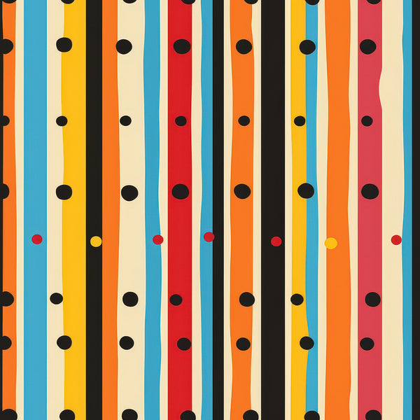 orange, blue, yellow, red, black, cream, vertical stripes, polka dots, geometric pattern, colorful design,, fabric panel, modern style, vibrant colors, retro aesthetic, playful pattern, craft fabric, sewing material, bright stripes, scattered dots