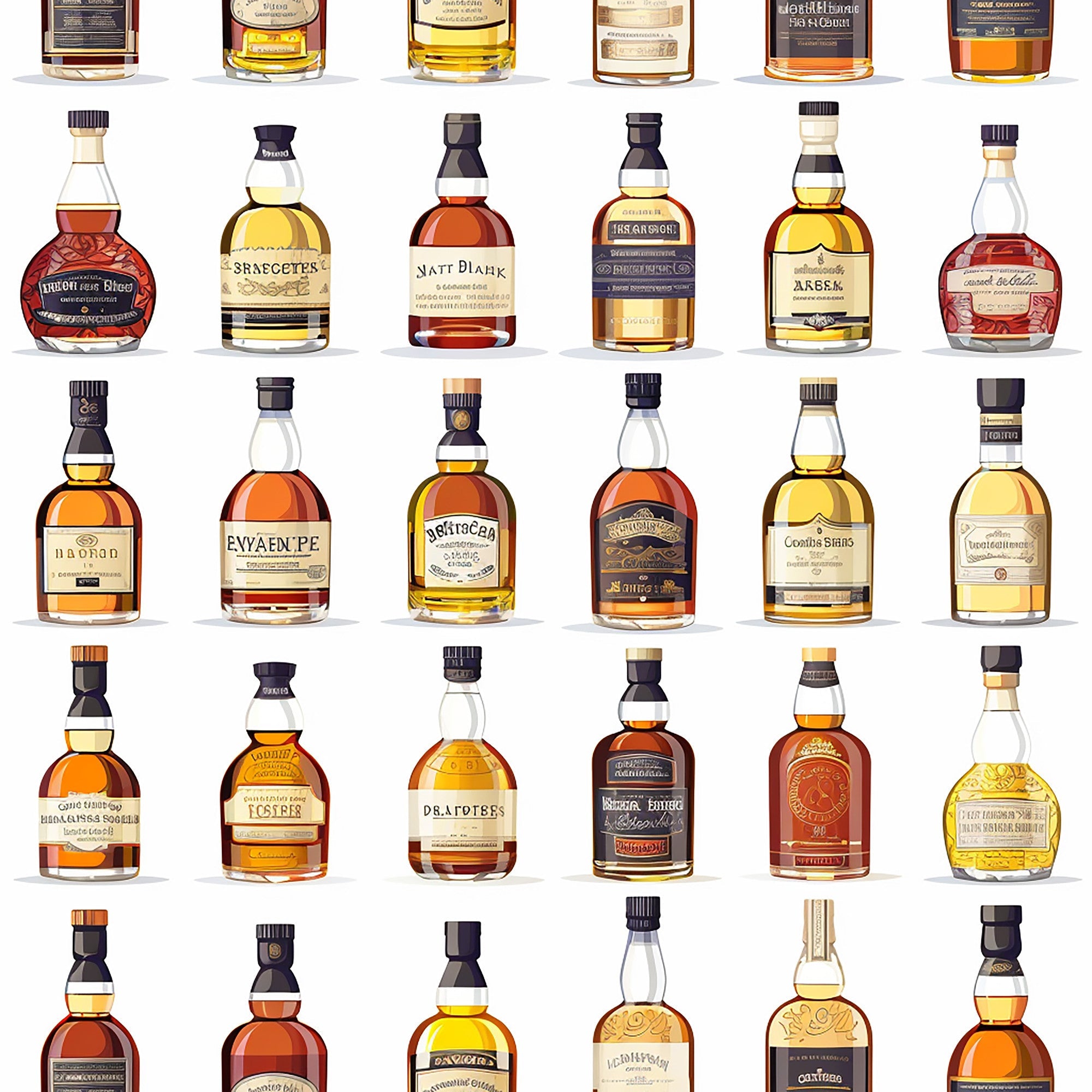 amber, golden, brown, copper, whiskey bottles, alcohol pattern, scottish theme, glass bottles, liquid amber, bottle collection,, fabric panel, realistic illustration, beverage motif, distillery theme, warm tones, bottle labels, spirits pattern, celtic inspired, masculine design