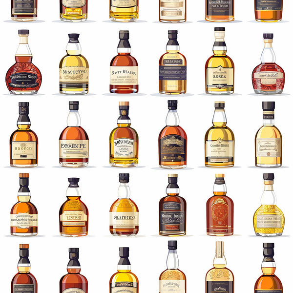 amber, golden, brown, copper, whiskey bottles, alcohol pattern, scottish theme, glass bottles, liquid amber, bottle collection,, fabric panel, realistic illustration, beverage motif, distillery theme, warm tones, bottle labels, spirits pattern, celtic inspired, masculine design