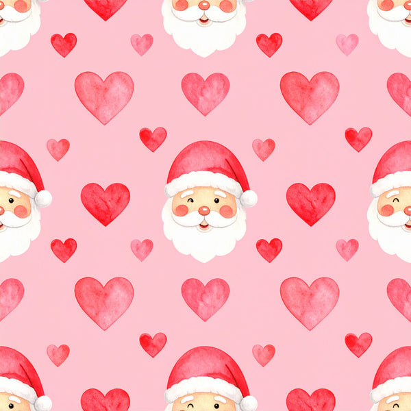 coral pink, red, white, pastel pink, watercolor hearts, santa claus, christmas, holiday, festive, whimsical, playful, cute, cheerful, love, romance, valentine's day, children's, kids, nursery, playroom, baby shower, santa faces, red hearts, pink hearts, winter holiday, jolly, sweet, adorable, gender neutral