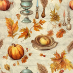 autumn harvest, fall themed, pumpkin, apple, wheat, thanksgiving, vintage style, rustic, warm tones, cream background, rust orange, golden yellow, burnt sienna, harvest table, autumn leaves, maple leaves, candlestick, decorative urn, seasonal, nature inspired, traditional, elegant, botanical, fall foliage, home decor, dinner party themed, autumn colors, spice tones