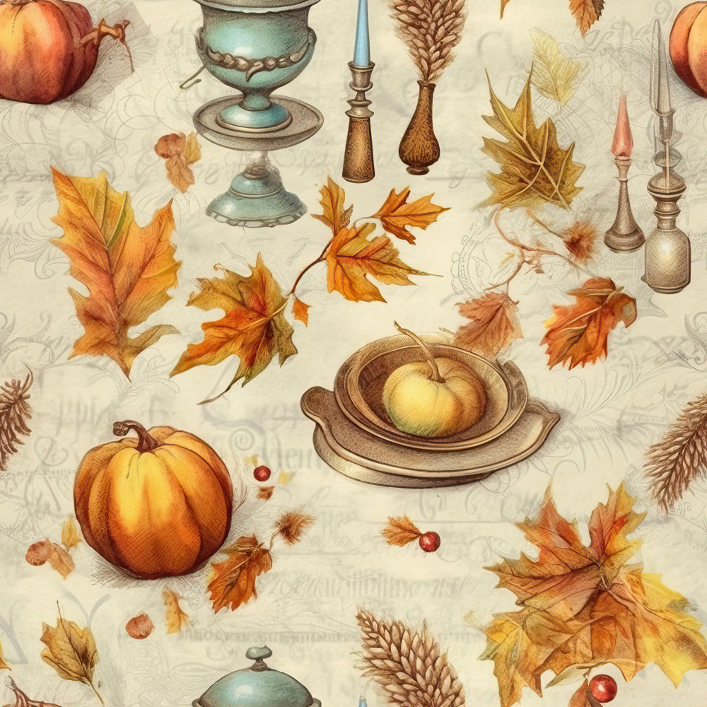 autumn harvest, fall themed, pumpkin, apple, wheat, thanksgiving, vintage style, rustic, warm tones, cream background, rust orange, golden yellow, burnt sienna, harvest table, autumn leaves, maple leaves, candlestick, decorative urn, seasonal, nature inspired, traditional, elegant, botanical, fall foliage, home decor, dinner party themed, autumn colors, spice tones