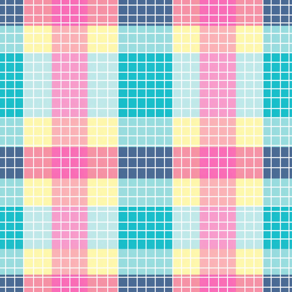 neon gingham, bright pink, electric blue, yellow accents, coral pink, turquoise, mint green, checkered pattern, grid design, geometric squares, vibrant colors, modern gingham,, fabric panel, contemporary pattern, eye-catching, colorful blocks, square motifs