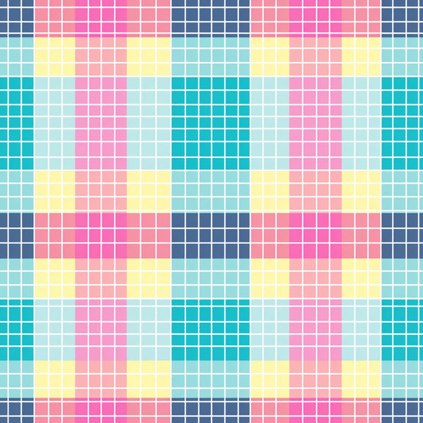 neon gingham, bright pink, electric blue, yellow accents, coral pink, turquoise, mint green, checkered pattern, grid design, geometric squares, vibrant colors, modern gingham,, fabric panel, contemporary pattern, eye-catching, colorful blocks, square motifs
