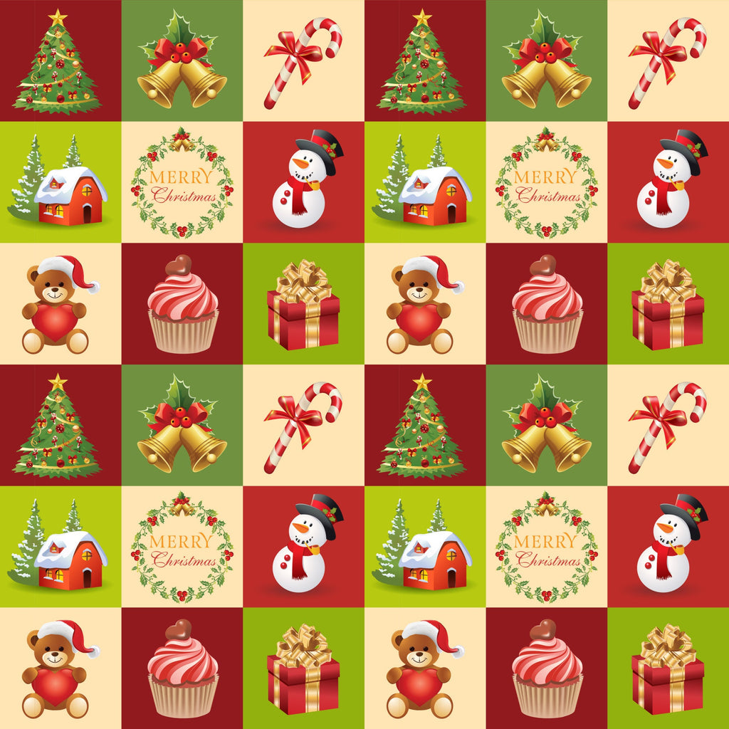 christmas fabric panel,, red background, green background, cream background, christmas tree, golden bells, candy canes, snowman, teddy bear, cupcake, gift box, winter house, holly wreath, checkered pattern, festive motifs, holiday symbols, repeating squares, winter theme, christmas decorations