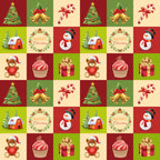 christmas fabric panel,, red background, green background, cream background, christmas tree, golden bells, candy canes, snowman, teddy bear, cupcake, gift box, winter house, holly wreath, checkered pattern, festive motifs, holiday symbols, repeating squares, winter theme, christmas decorations
