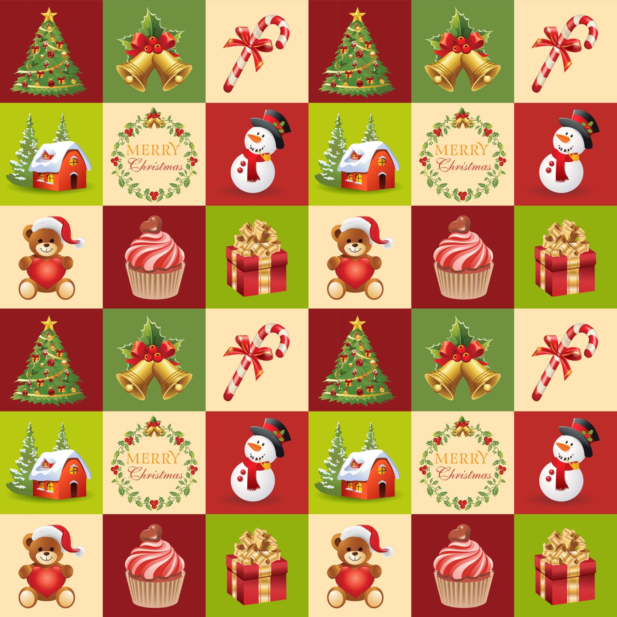 christmas fabric panel,, red background, green background, cream background, christmas tree, golden bells, candy canes, snowman, teddy bear, cupcake, gift box, winter house, holly wreath, checkered pattern, festive motifs, holiday symbols, repeating squares, winter theme, christmas decorations