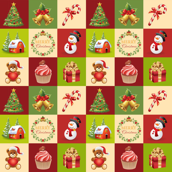 christmas fabric panel,, red background, green background, cream background, christmas tree, golden bells, candy canes, snowman, teddy bear, cupcake, gift box, winter house, holly wreath, checkered pattern, festive motifs, holiday symbols, repeating squares, winter theme, christmas decorations