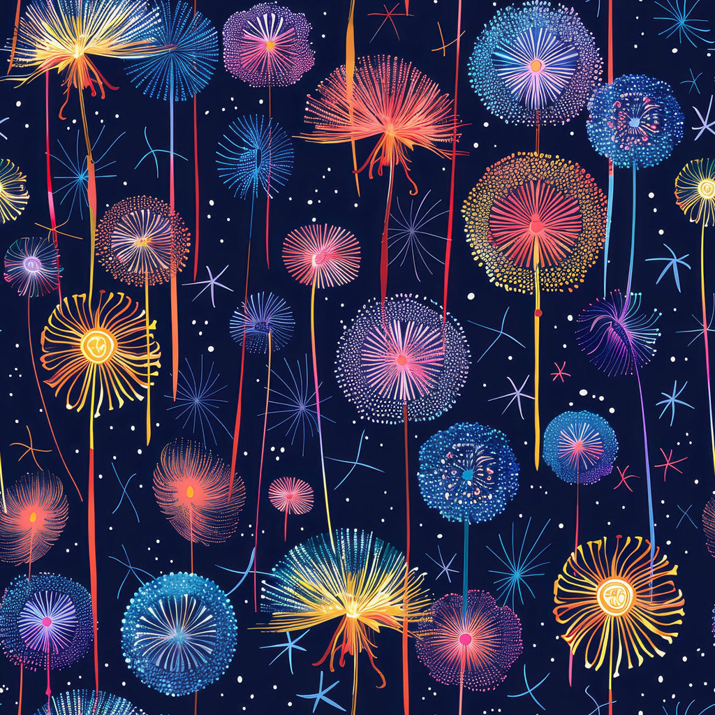midnight blue, navy background, fireworks display, dandelion seeds, starburst patterns, golden yellow, coral pink, turquoise blue, purple accents, white sparkles, radial designs, celebration theme,, fabric panel, night sky, festive patterns, geometric bursts, multicolored explosions, cotton fabric, whimsical design