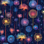 midnight blue, navy background, fireworks display, dandelion seeds, starburst patterns, golden yellow, coral pink, turquoise blue, purple accents, white sparkles, radial designs, celebration theme,, fabric panel, night sky, festive patterns, geometric bursts, multicolored explosions, cotton fabric, whimsical design
