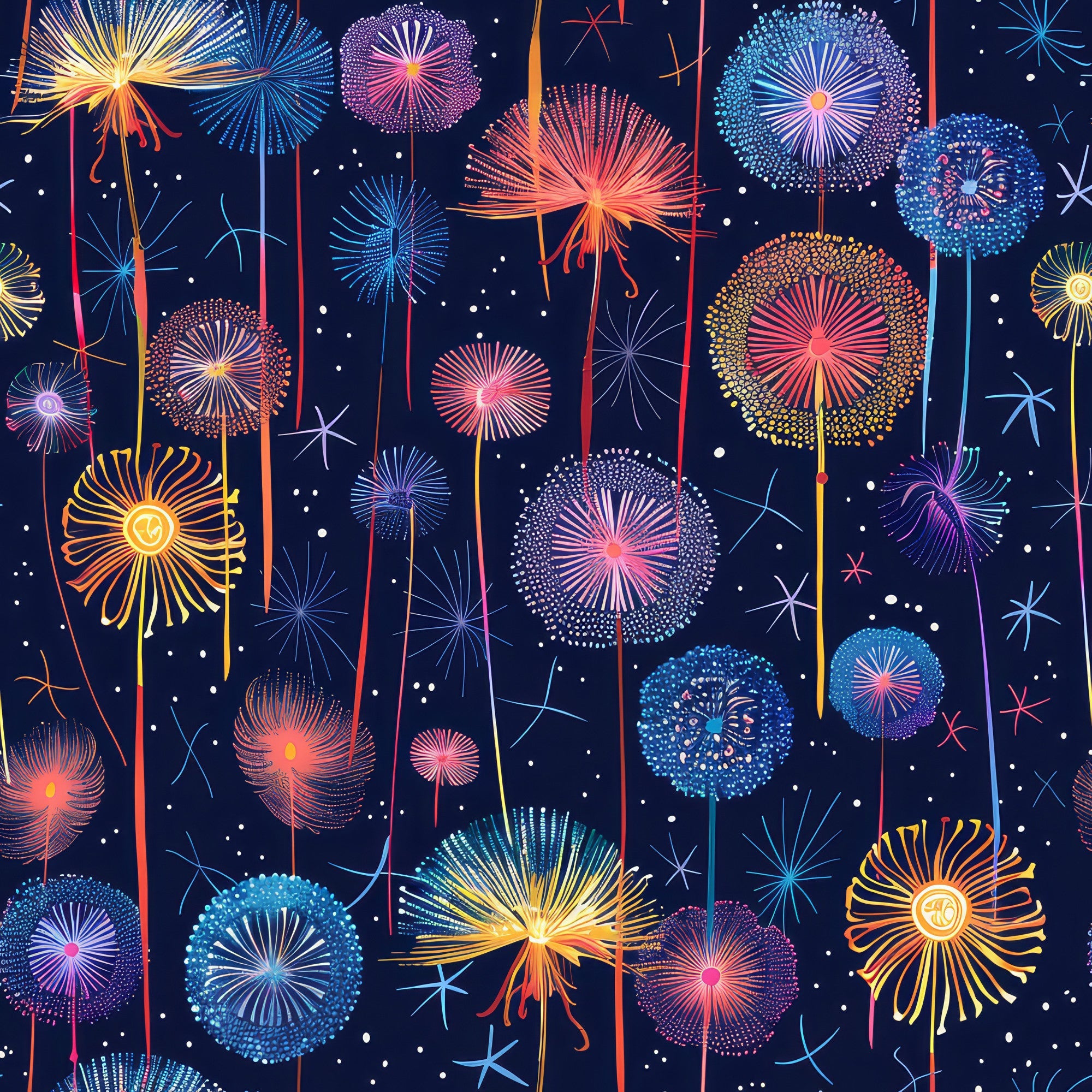 midnight blue, navy background, fireworks display, dandelion seeds, starburst patterns, golden yellow, coral pink, turquoise blue, purple accents, white sparkles, radial designs, celebration theme,, fabric panel, night sky, festive patterns, geometric bursts, multicolored explosions, cotton fabric, whimsical design