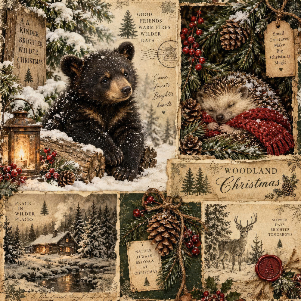 woodland christmas, forest green, cream, burgundy red, brown, vintage, rustic, holiday, winter, christmas, animals, bear, hedgehog, deer, pine trees, pinecones, berries, nature, cabin, cozy, traditional, whimsical, woodland creatures, snow, festive, december, seasonal, cottage core, forest animals, evergreen