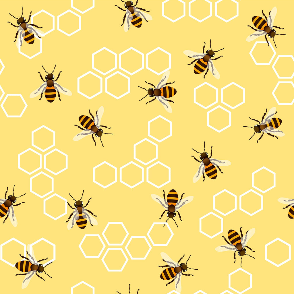 golden yellow, honey bees, hexagon honeycomb, white outlines, striped wings, bee pattern,, fabric panel, vintage style, nature theme, insect design, geometric hexagons, yellow background, brown bee bodies, scattered pattern, beehive motifs, summer theme, pollinator design