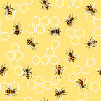 golden yellow, honey bees, hexagon honeycomb, white outlines, striped wings, bee pattern,, fabric panel, vintage style, nature theme, insect design, geometric hexagons, yellow background, brown bee bodies, scattered pattern, beehive motifs, summer theme, pollinator design