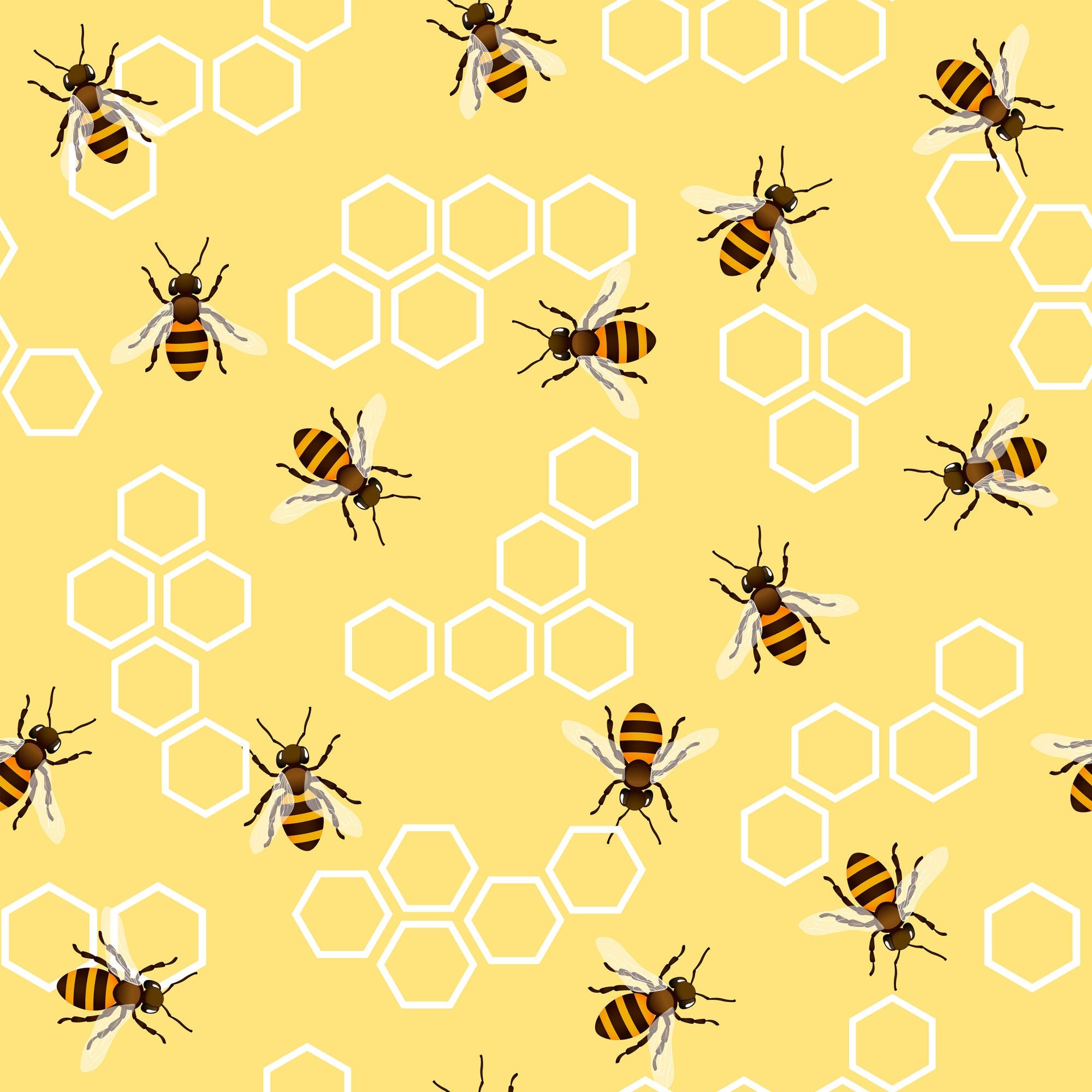 golden yellow, honey bees, hexagon honeycomb, white outlines, striped wings, bee pattern,, fabric panel, vintage style, nature theme, insect design, geometric hexagons, yellow background, brown bee bodies, scattered pattern, beehive motifs, summer theme, pollinator design
