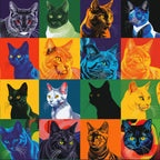cats, felines, pop art, andy warhol style, vibrant colors, purple, green, orange, blue, red, yellow,, fabric panel, patchwork, geometric squares, colorful portraits, pet themed, modern art, bright hues, crafting material