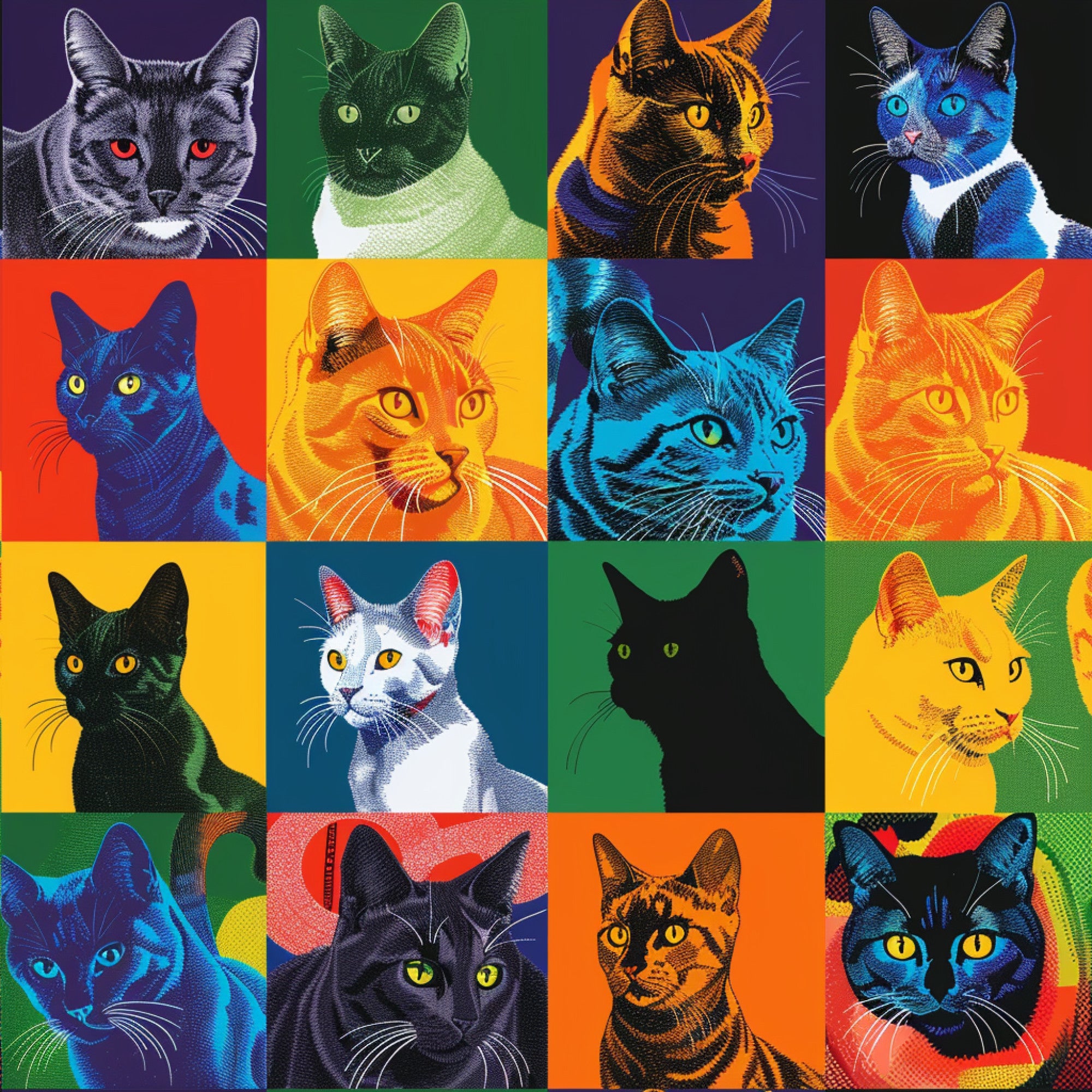 cats, felines, pop art, andy warhol style, vibrant colors, purple, green, orange, blue, red, yellow,, fabric panel, patchwork, geometric squares, colorful portraits, pet themed, modern art, bright hues, crafting material