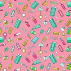 pink background, school supplies, office supplies, scattered pattern, teal accents, yellow highlights, green elements, white details, stationery items, pencils, notebooks, erasers, paper clips, magnifying glass, desk lamp, rulers, geometric shapes, playful illustration, back to school,, fabric panel, educational theme, colorful cartoon style