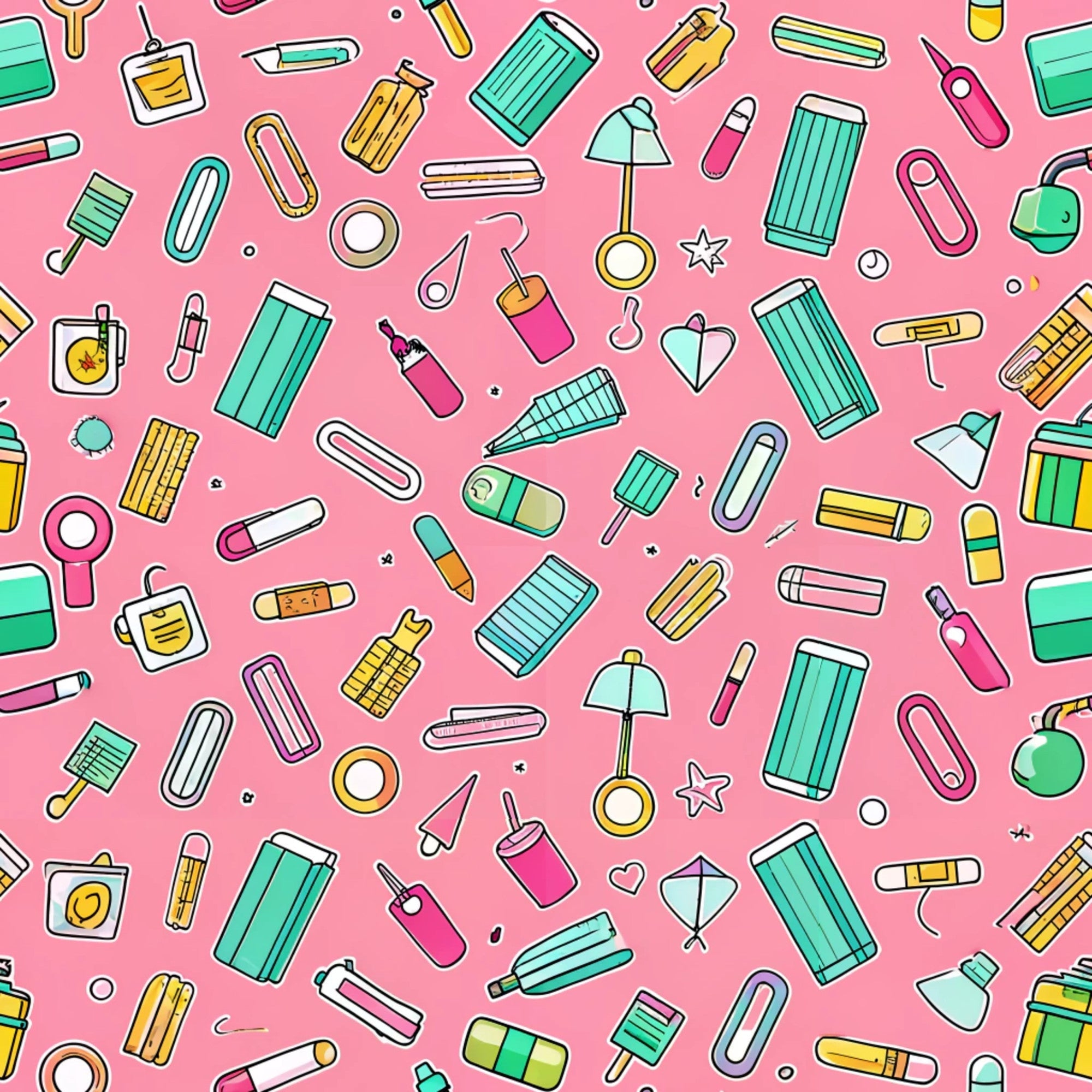 pink background, school supplies, office supplies, scattered pattern, teal accents, yellow highlights, green elements, white details, stationery items, pencils, notebooks, erasers, paper clips, magnifying glass, desk lamp, rulers, geometric shapes, playful illustration, back to school,, fabric panel, educational theme, colorful cartoon style